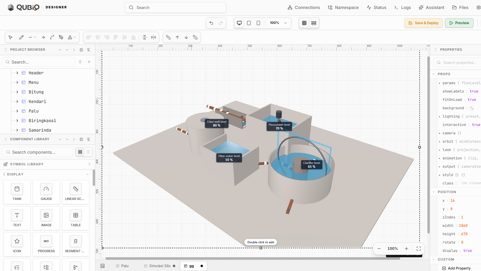 The QUBIQ Designer with a 3D water-treatment plant on the canvas, each basin labelled with its live level.