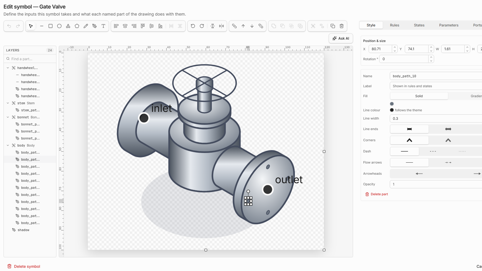 The QUBIQ Symbol Editor drawing a gate valve: a list of named layers, a shaded drawing, and its inlet and outlet ports.
