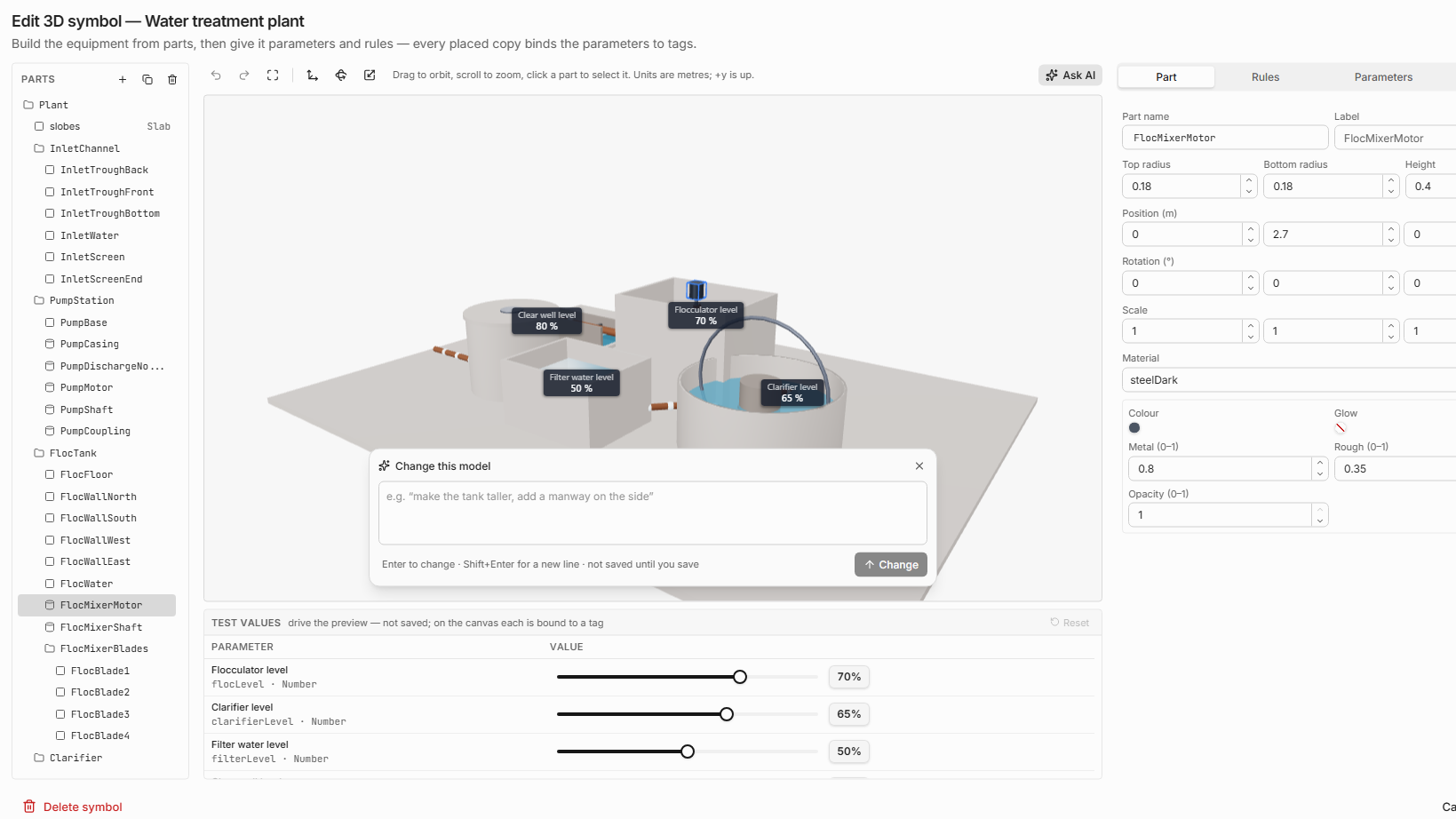 The QUBIQ 3D Symbol Editor with a water-treatment plant drafted by Ask AI, its named parts listed beside the model and a test slider for each level.